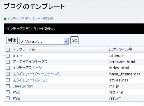 インデックステンプレート一覧画面