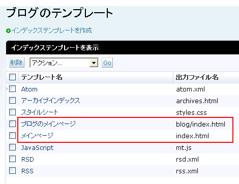 インデックステンプレート一覧画面