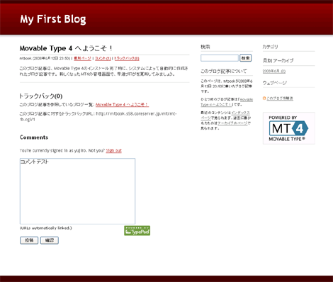 ブログ記事ページのコメント欄（テキスト入力後）