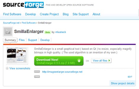 SourceForgeのSmillaEnlargerのページ