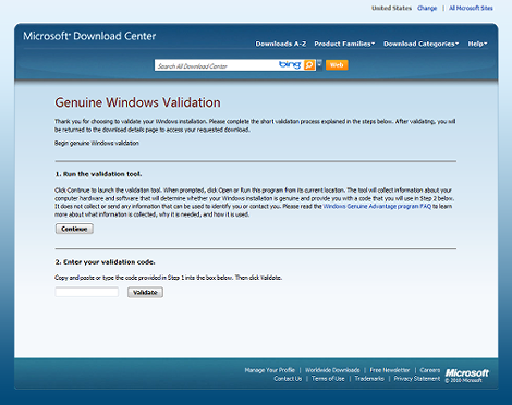 「Genuine Windows Validation」のページ