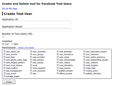 Create and Delete tool for Facebook Test Users