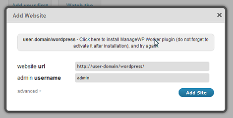 Click hire to install ManageWP Worker plugin