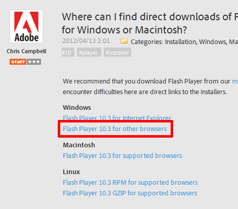 Where can I find direct downloads of Flash Player 10.3 for Windows or Macintosh?