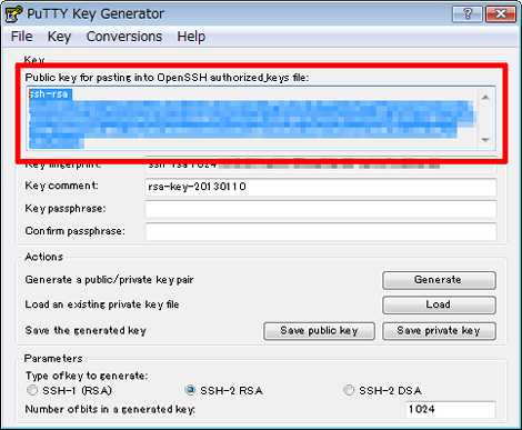 「Public key for pasting into OpenSSH authorized_keys file:」をコピー