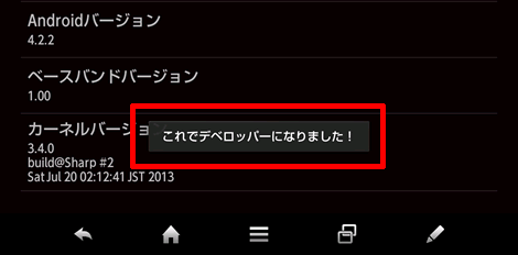 ビルド番号を長押しタップしたあとの表示