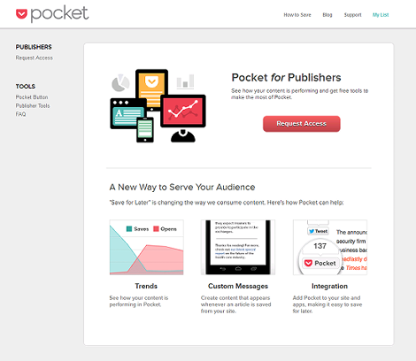 Pocket for Publishersのページ