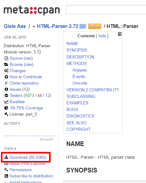CPANの「HTML::Parser」のページ